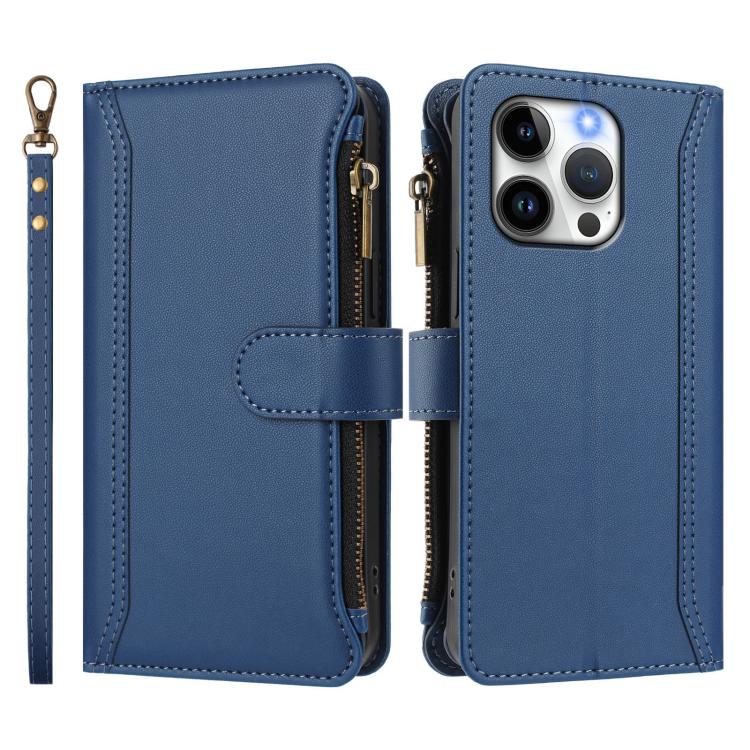 For iPhone 13 Pro Magnetic Closure 9 Card Slots Zipper Leather Case with Hand Strap