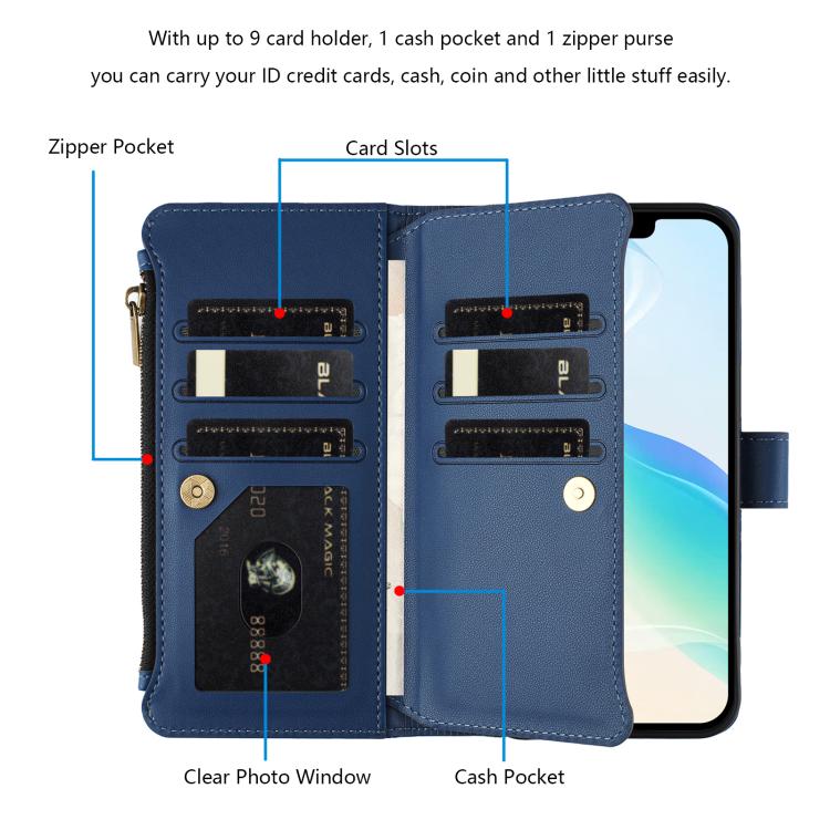 For iPhone 13 Pro Magnetic Closure 9 Card Slots Zipper Leather Case with Hand Strap