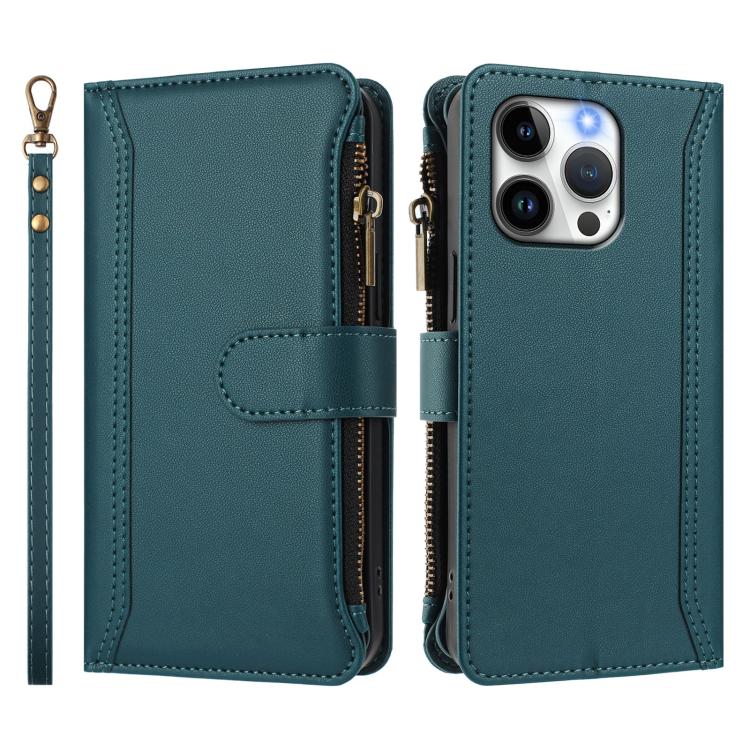 For iPhone 13 Pro Magnetic Closure 9 Card Slots Zipper Leather Case with Hand Strap