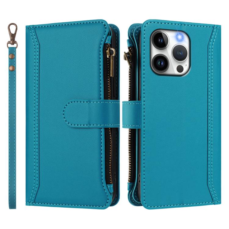 For iPhone 13 Pro Magnetic Closure 9 Card Slots Zipper Leather Case with Hand Strap