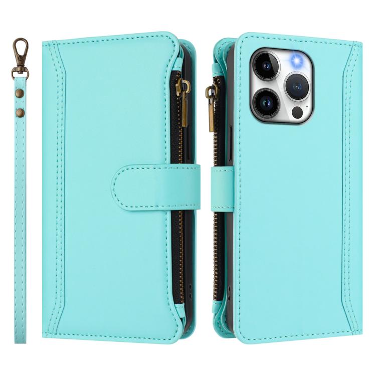 For iPhone 13 Pro Magnetic Closure 9 Card Slots Zipper Leather Case with Hand Strap