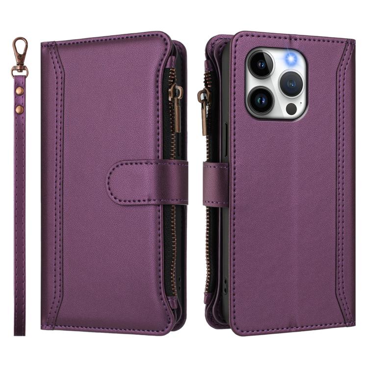 For iPhone 13 Pro Magnetic Closure 9 Card Slots Zipper Leather Case with Hand Strap