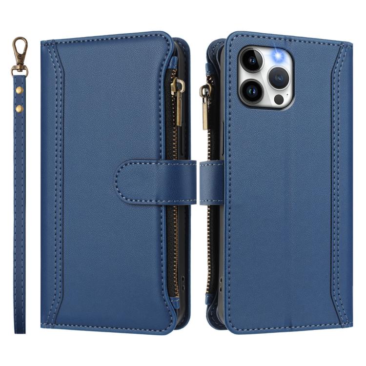 For iPhone 12 Pro Max Magnetic Closure 9 Card Slots Zipper Leather Case with Hand Strap