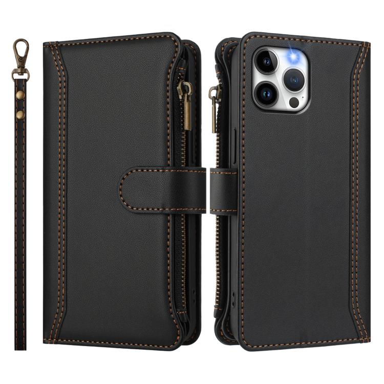 For iPhone 12 Pro Max Magnetic Closure 9 Card Slots Zipper Leather Case with Hand Strap