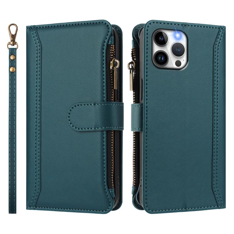 For iPhone 12 Pro Max Magnetic Closure 9 Card Slots Zipper Leather Case with Hand Strap