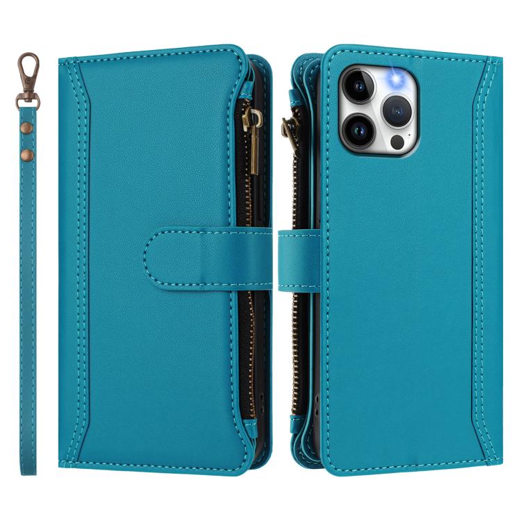 For iPhone 12 Pro Max Magnetic Closure 9 Card Slots Zipper Leather Case with Hand Strap