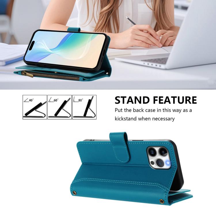 For iPhone 12 Pro Max Magnetic Closure 9 Card Slots Zipper Leather Case with Hand Strap