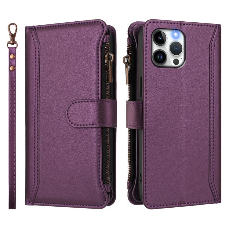 For iPhone 12 Pro Max Magnetic Closure 9 Card Slots Zipper Leather Case with Hand Strap