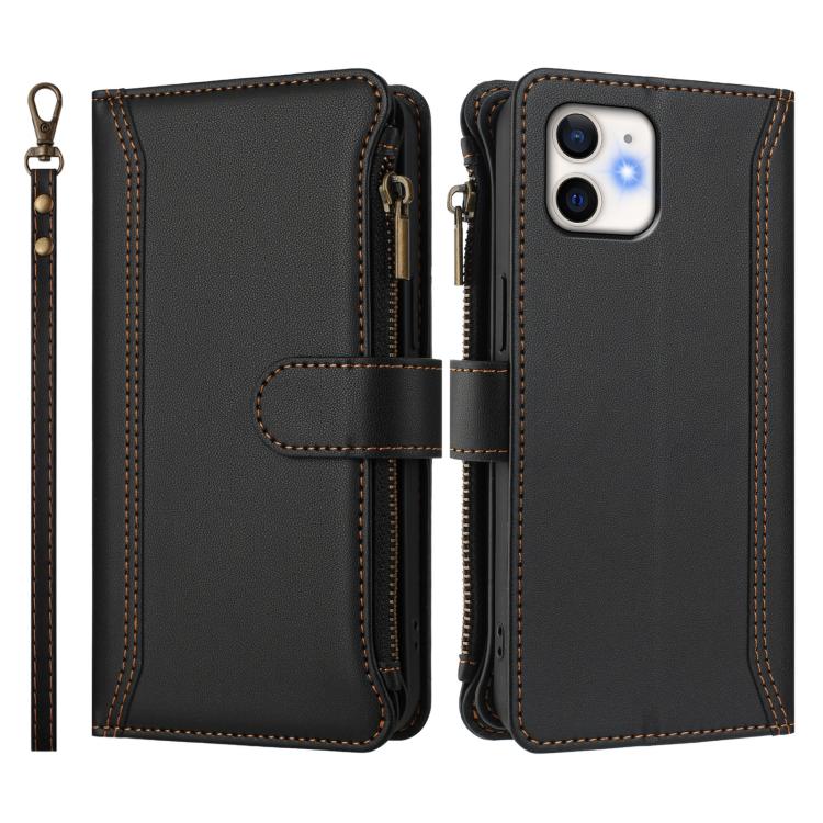 For iPhone 12 / 12 Pro Magnetic Closure 9 Card Slots Zipper Leather Case with Hand Strap