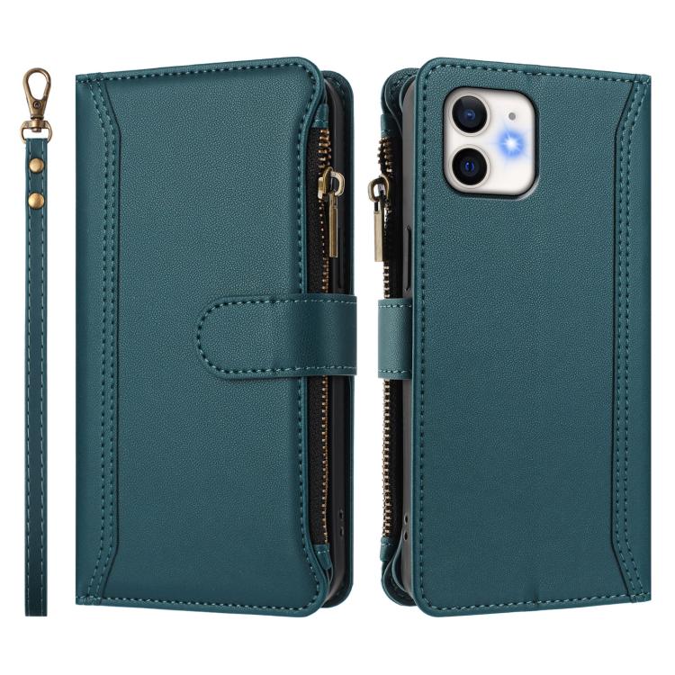For iPhone 12 / 12 Pro Magnetic Closure 9 Card Slots Zipper Leather Case with Hand Strap