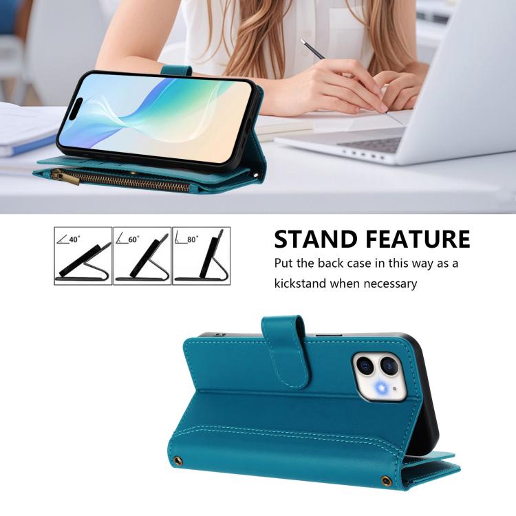 For iPhone 12 / 12 Pro Magnetic Closure 9 Card Slots Zipper Leather Case with Hand Strap