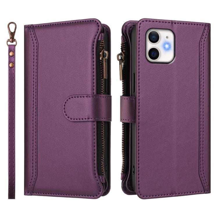 For iPhone 12 / 12 Pro Magnetic Closure 9 Card Slots Zipper Leather Case with Hand Strap