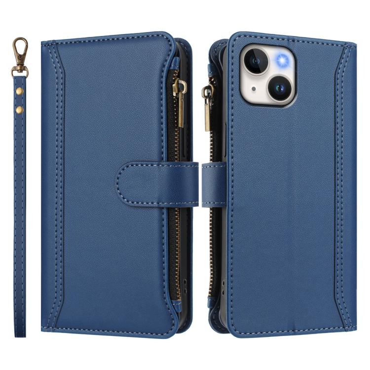 For iPhone 13 mini Magnetic Closure 9 Card Slots Zipper Leather Case with Hand Strap