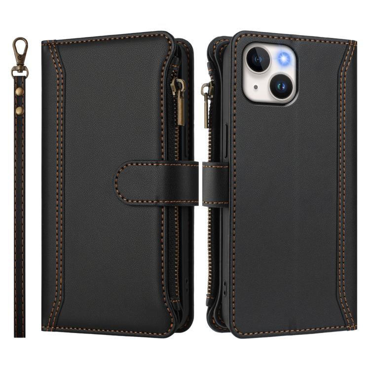 For iPhone 13 mini Magnetic Closure 9 Card Slots Zipper Leather Case with Hand Strap