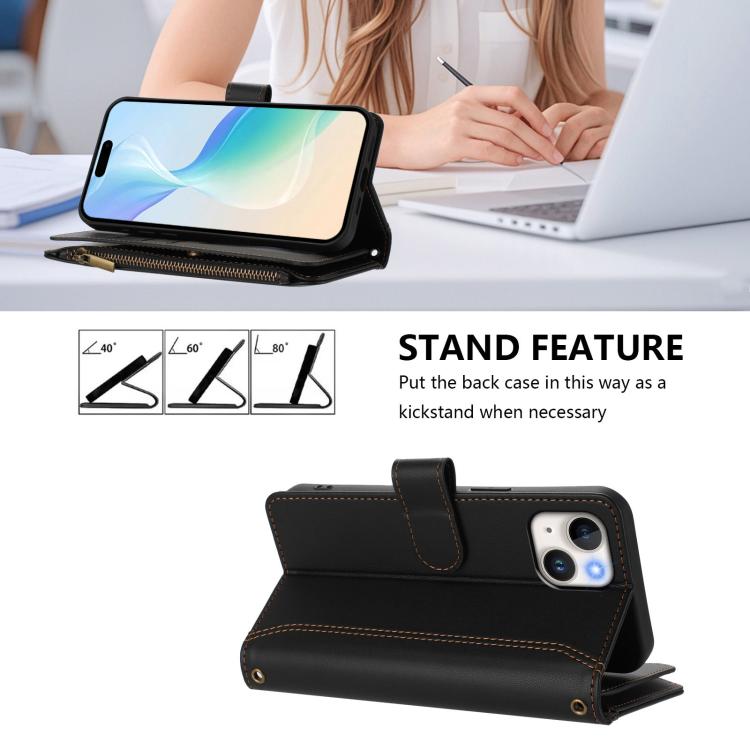 For iPhone 13 mini Magnetic Closure 9 Card Slots Zipper Leather Case with Hand Strap