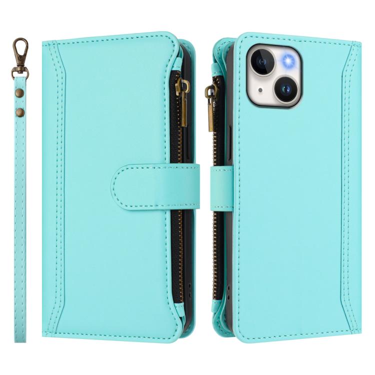 For iPhone 13 mini Magnetic Closure 9 Card Slots Zipper Leather Case with Hand Strap