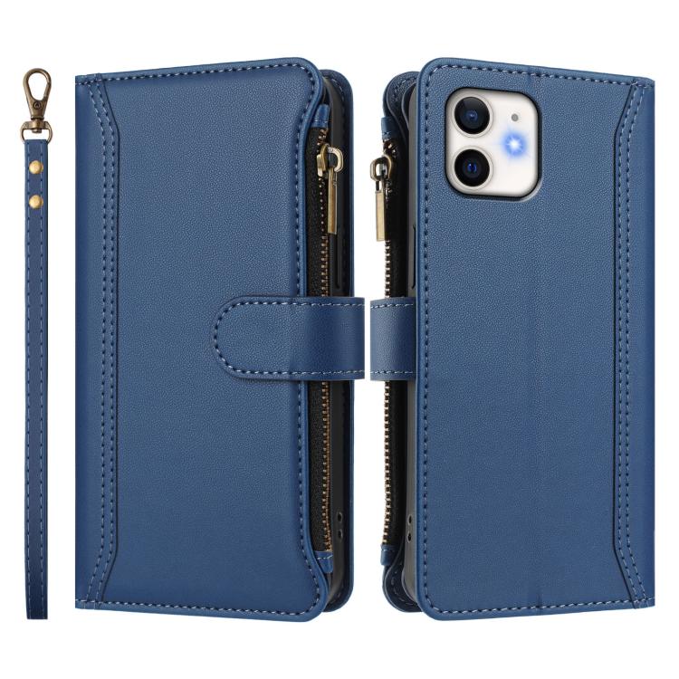 For iPhone 12 mini Magnetic Closure 9 Card Slots Zipper Leather Case with Hand Strap