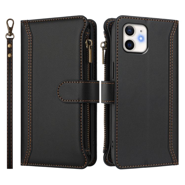 For iPhone 12 mini Magnetic Closure 9 Card Slots Zipper Leather Case with Hand Strap