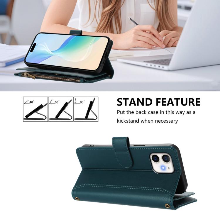 For iPhone 12 mini Magnetic Closure 9 Card Slots Zipper Leather Case with Hand Strap