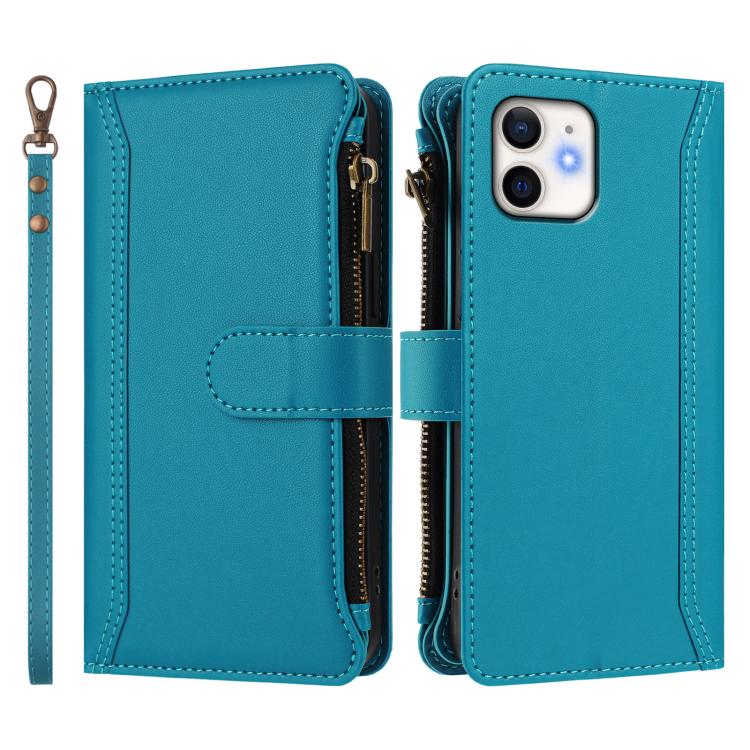 For iPhone 12 mini Magnetic Closure 9 Card Slots Zipper Leather Case with Hand Strap
