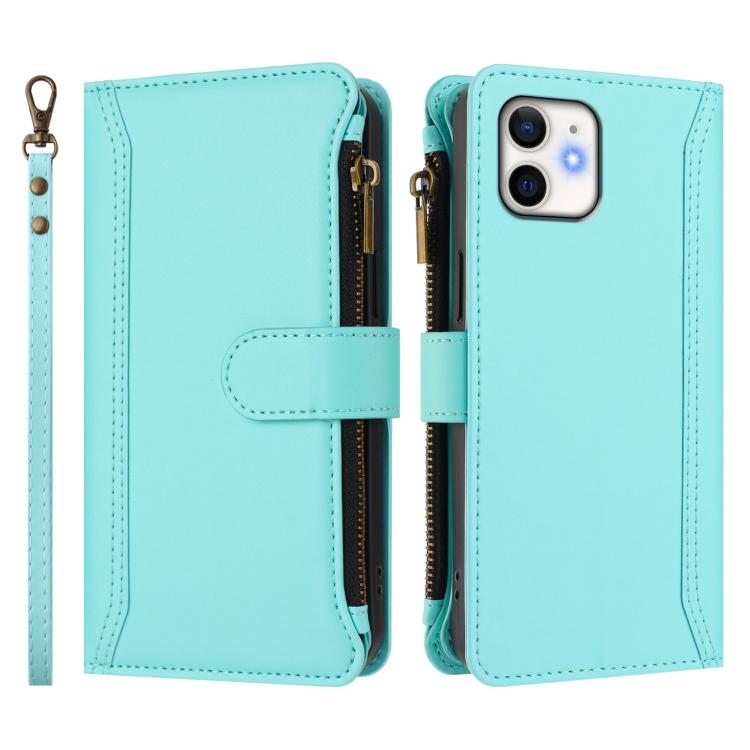 For iPhone 12 mini Magnetic Closure 9 Card Slots Zipper Leather Case with Hand Strap