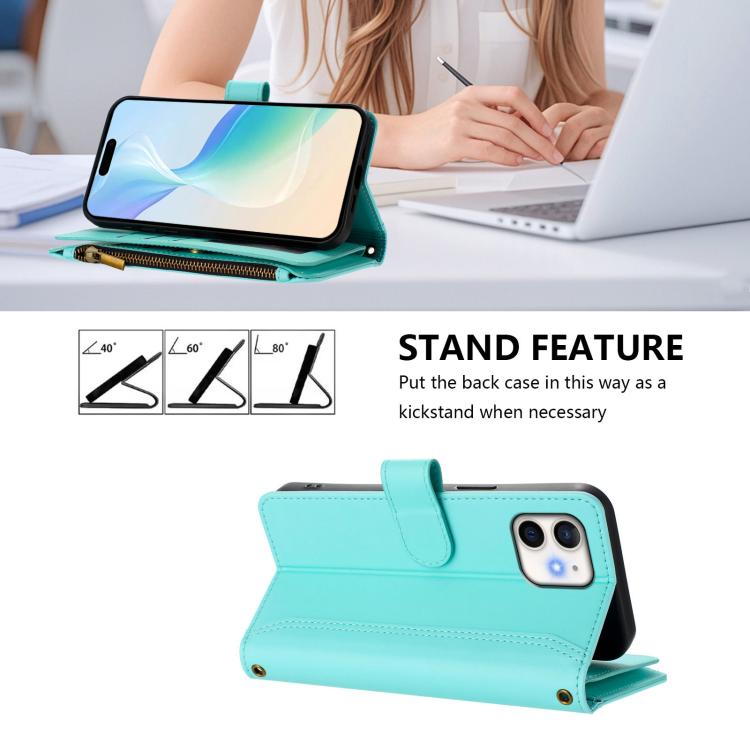 For iPhone 12 mini Magnetic Closure 9 Card Slots Zipper Leather Case with Hand Strap