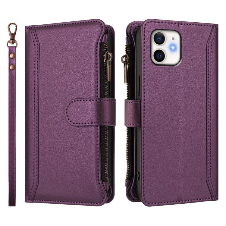 For iPhone 12 mini Magnetic Closure 9 Card Slots Zipper Leather Case with Hand Strap