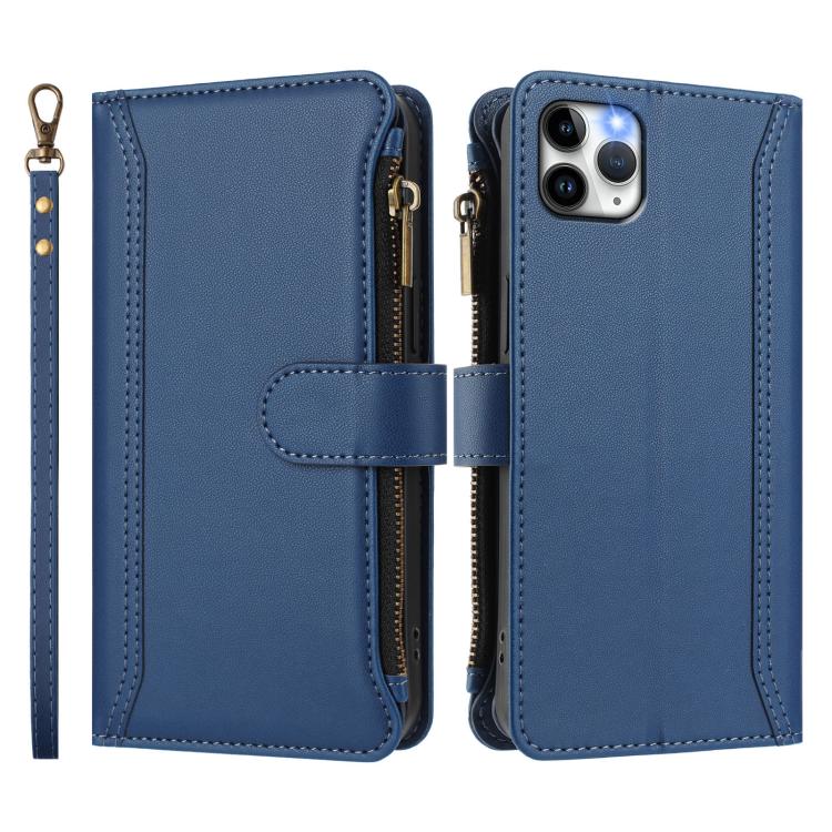 For iPhone 11 Pro Max Magnetic Closure 9 Card Slots Zipper Leather Case with Hand Strap