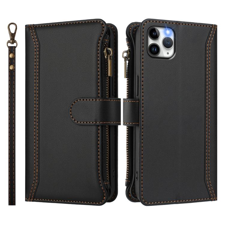 For iPhone 11 Pro Max Magnetic Closure 9 Card Slots Zipper Leather Case with Hand Strap