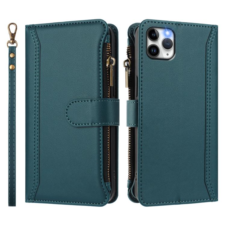 For iPhone 11 Pro Max Magnetic Closure 9 Card Slots Zipper Leather Case with Hand Strap