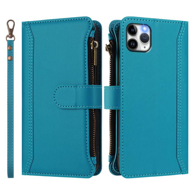For iPhone 11 Pro Max Magnetic Closure 9 Card Slots Zipper Leather Case with Hand Strap