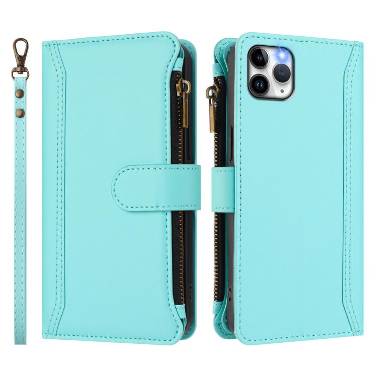 For iPhone 11 Pro Max Magnetic Closure 9 Card Slots Zipper Leather Case with Hand Strap