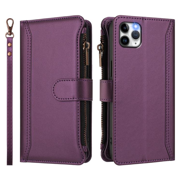 For iPhone 11 Pro Max Magnetic Closure 9 Card Slots Zipper Leather Case with Hand Strap