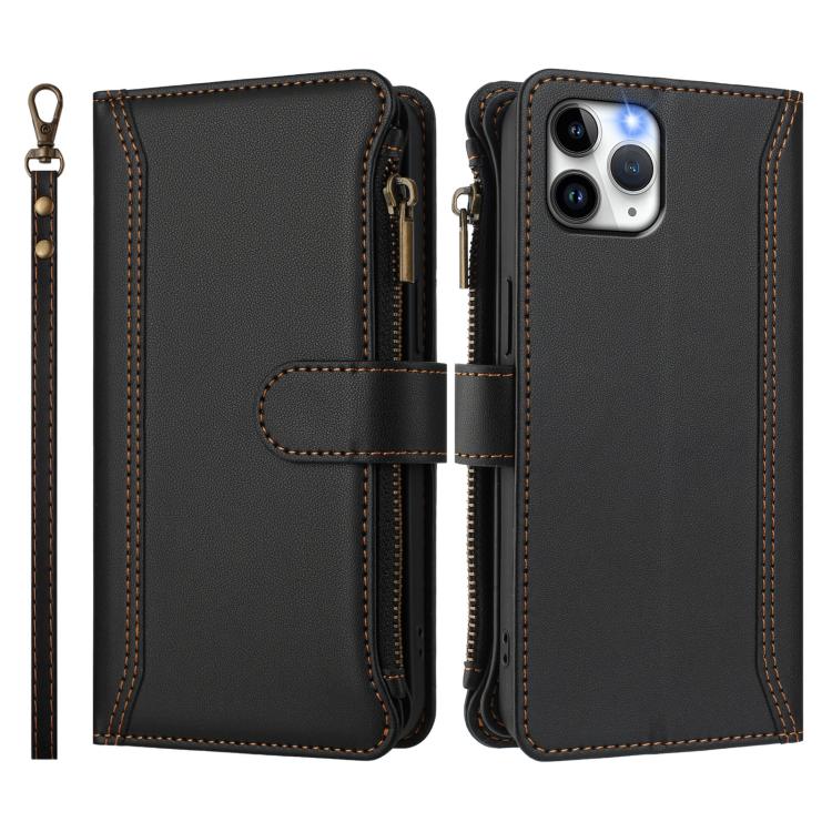 For iPhone 11 Pro Magnetic Closure 9 Card Slots Zipper Leather Case with Hand Strap