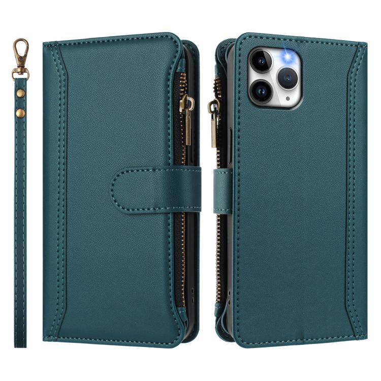 For iPhone 11 Pro Magnetic Closure 9 Card Slots Zipper Leather Case with Hand Strap
