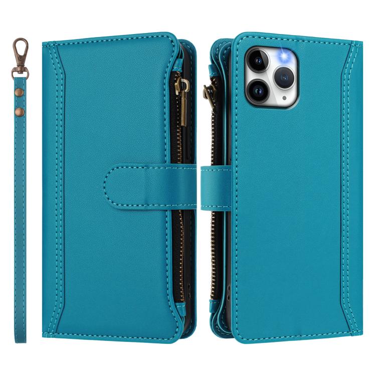 For iPhone 11 Pro Magnetic Closure 9 Card Slots Zipper Leather Case with Hand Strap