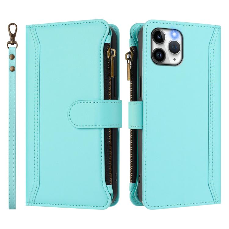 For iPhone 11 Pro Magnetic Closure 9 Card Slots Zipper Leather Case with Hand Strap