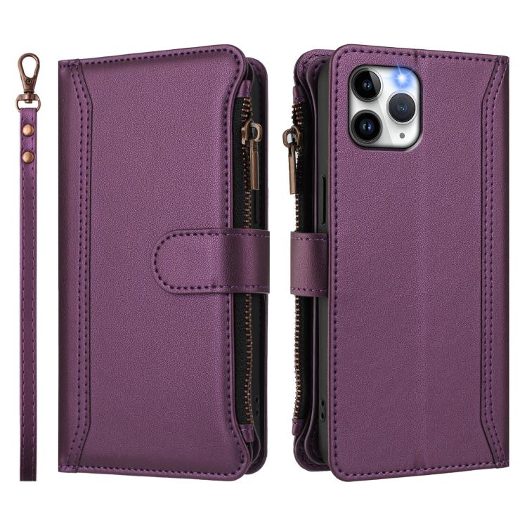 For iPhone 11 Pro Magnetic Closure 9 Card Slots Zipper Leather Case with Hand Strap