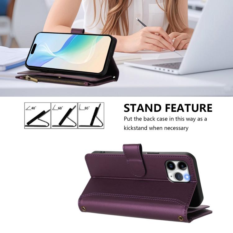 For iPhone 11 Pro Magnetic Closure 9 Card Slots Zipper Leather Case with Hand Strap