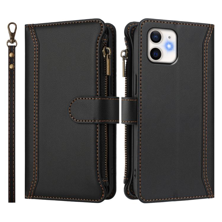 For iPhone 11 Magnetic Closure 9 Card Slots Zipper Leather Case with Hand Strap