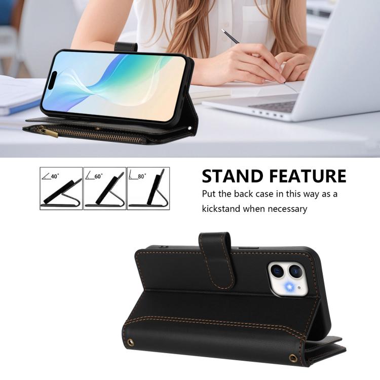 For iPhone 11 Magnetic Closure 9 Card Slots Zipper Leather Case with Hand Strap