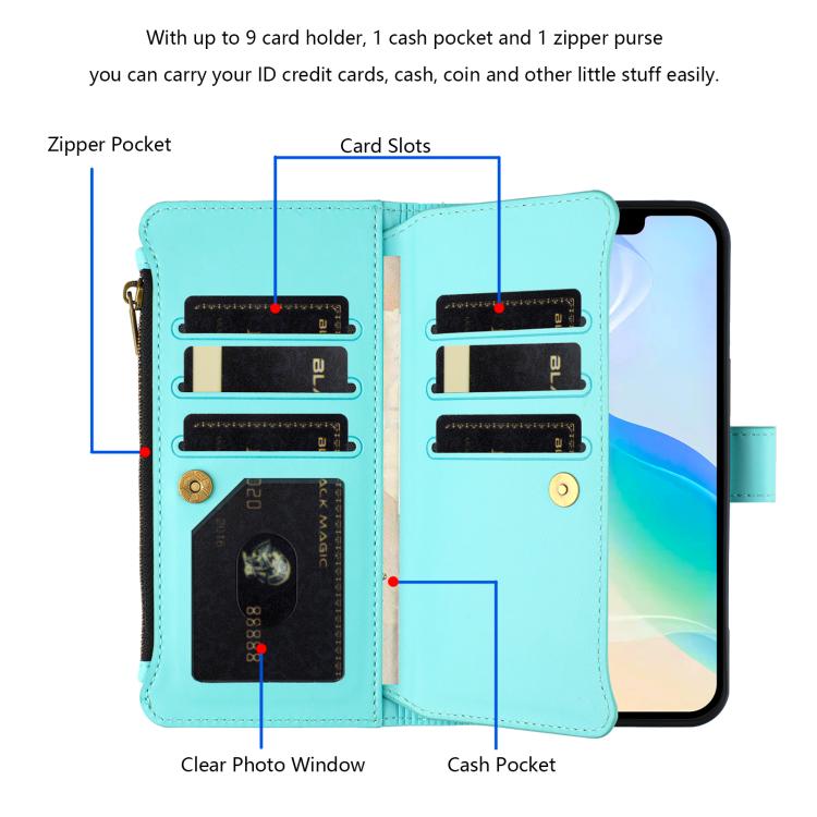 For iPhone 11 Magnetic Closure 9 Card Slots Zipper Leather Case with Hand Strap