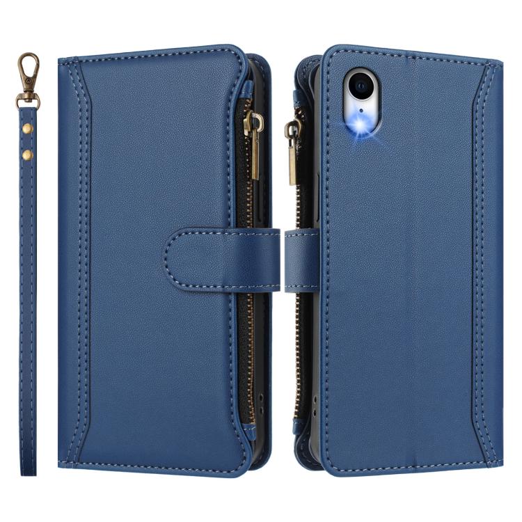 For iPhone XR Magnetic Closure 9 Card Slots Zipper Leather Case with Hand Strap