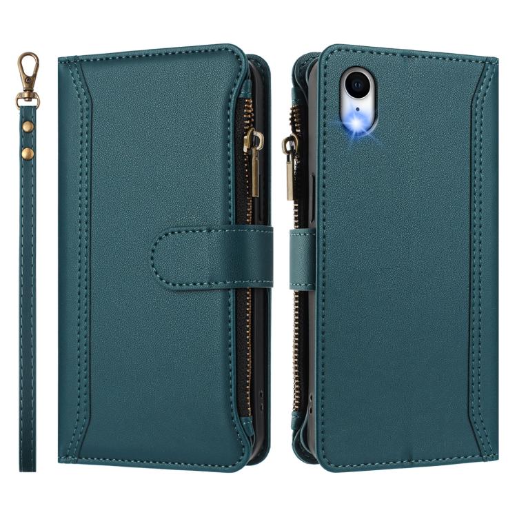 For iPhone XR Magnetic Closure 9 Card Slots Zipper Leather Case with Hand Strap
