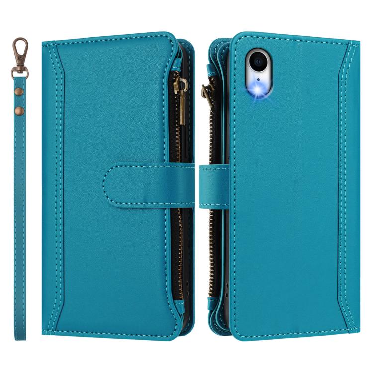 For iPhone XR Magnetic Closure 9 Card Slots Zipper Leather Case with Hand Strap