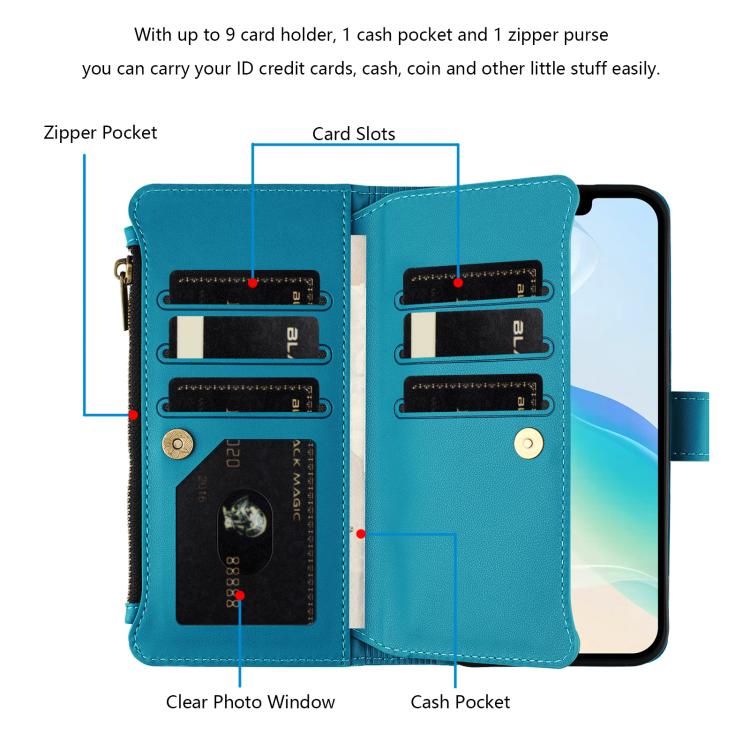 For iPhone XR Magnetic Closure 9 Card Slots Zipper Leather Case with Hand Strap