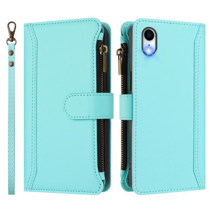 For iPhone XR Magnetic Closure 9 Card Slots Zipper Leather Case with Hand Strap
