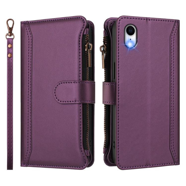 For iPhone XR Magnetic Closure 9 Card Slots Zipper Leather Case with Hand Strap