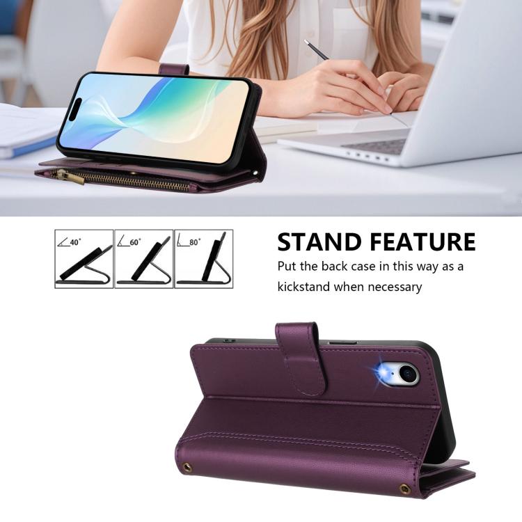 For iPhone XR Magnetic Closure 9 Card Slots Zipper Leather Case with Hand Strap