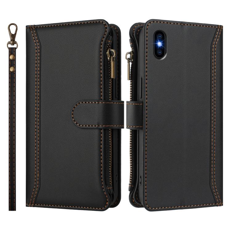 For iPhone XS Max Magnetic Closure 9 Card Slots Zipper Leather Case with Hand Strap